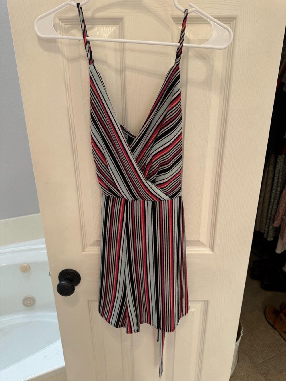 Striped V-Neck Spaghetti Strap Romper in Black, White & Pink